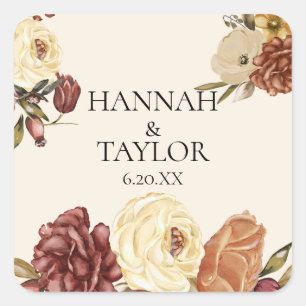 Elegant Autumn Fall Watercolor Floral Wedding Square Sticker