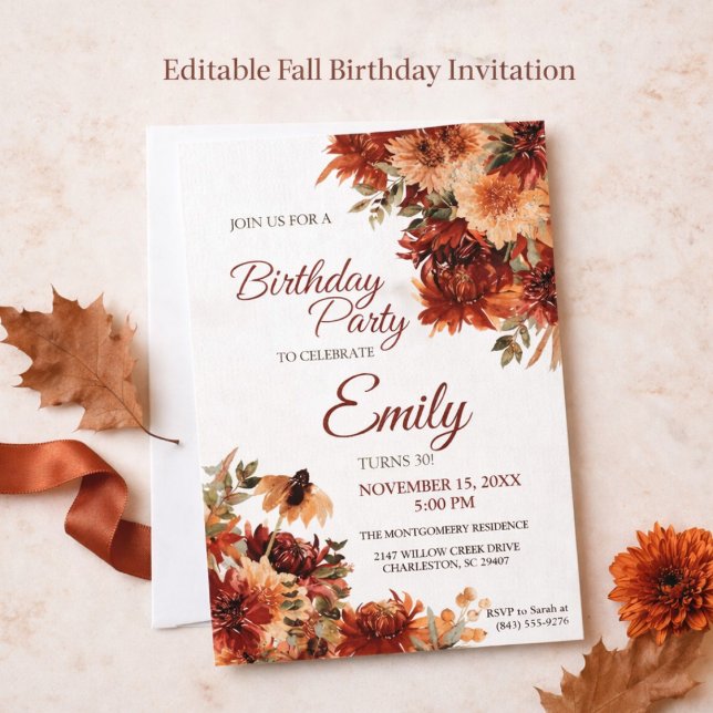 Elegant Autumn Floral Birthday Party Invitation (Creator Uploaded)