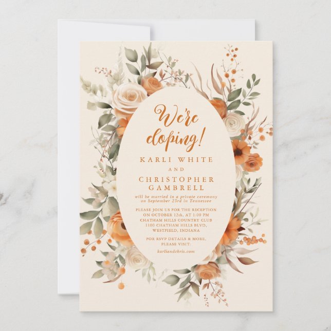 Elegant Autumn Floral Blushed Elopement Reception Invitation (Front)