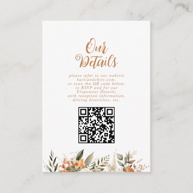 Elegant Autumn Floral Elopement Reception Enclosure Card (Front)