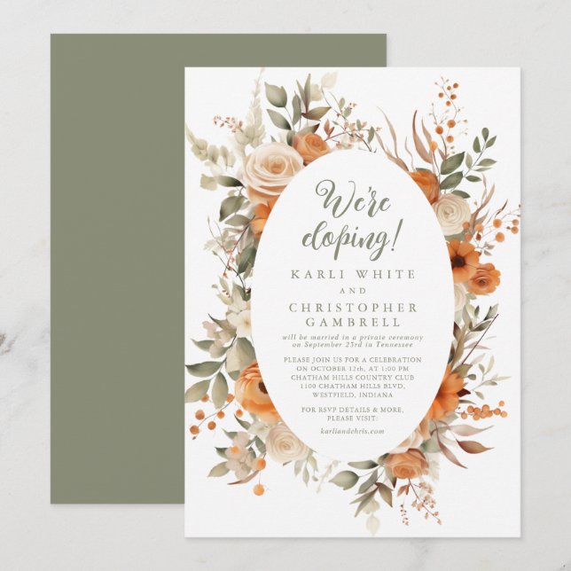 Elegant Autumn Floral Orange Sage Elopement Party Invitation (Front/Back)