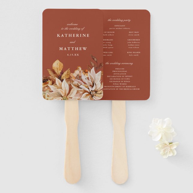 Elegant Autumn Floral Terracotta Wedding Program Hand Fan (Front and Back)