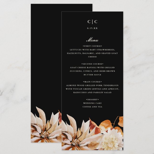 Elegant Autumn Floral Watercolor Wedding Menu Card (Front/Back)