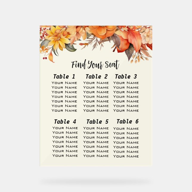 Elegant Autumn Floral Wedding Find Your Seat Acrylic Sign (Front)