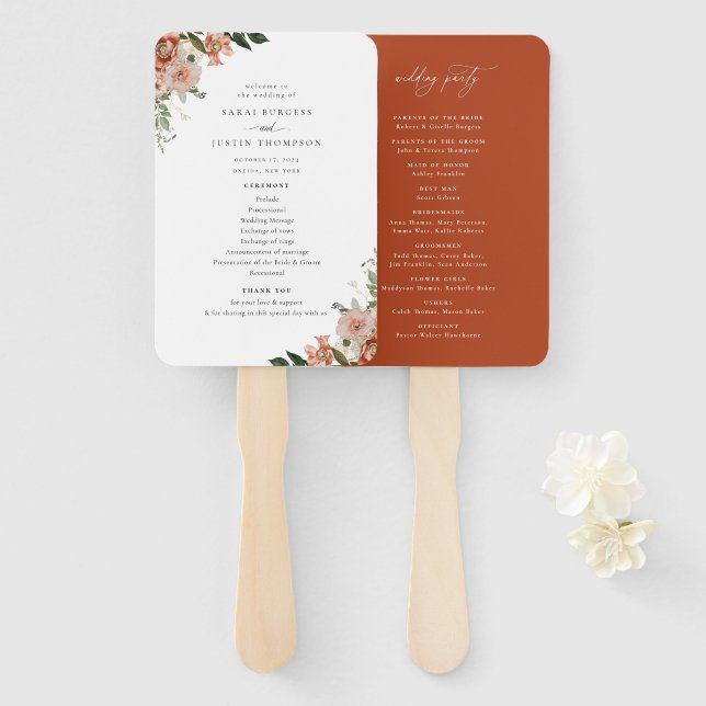 Elegant Autumn Floral Wedding Program Hand Fan (Front and Back)