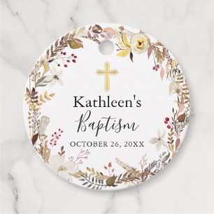 Elegant Autumn Floral Wreath Fall Baptism Favour Tags