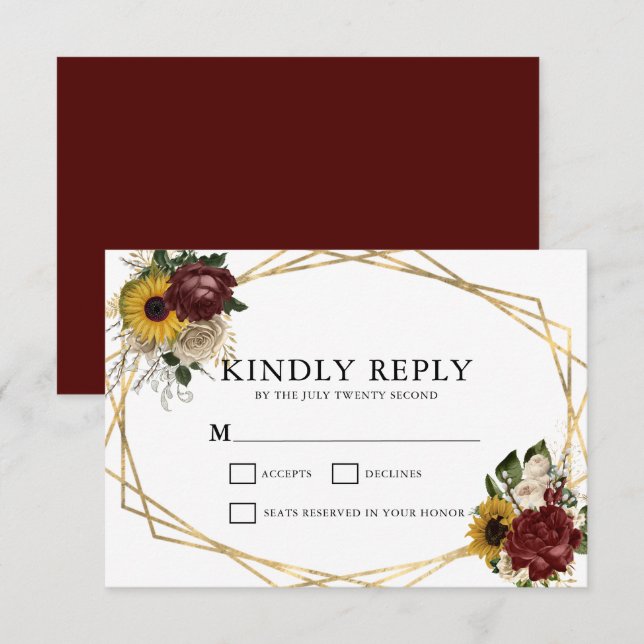 Elegant Autumn Florals & Geometric Frame Wedding RSVP Card (Front/Back)