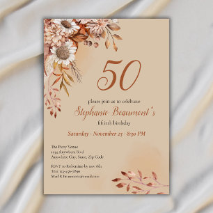 Elegant Autumn Flowers ฺBrown 50th Birthday Invitation