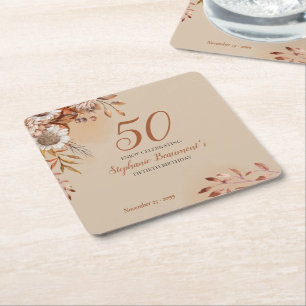 Elegant Autumn Flowers ฺBrown 50th Birthday Square Paper Coaster