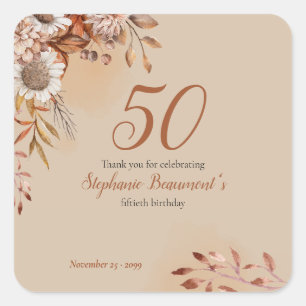 Elegant Autumn Flowers ฺBrown 50th Birthday Square Sticker