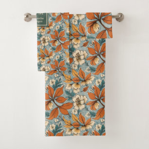 Elegant Autumn Flowers Sage Green Rust Tones Bath Towel Set