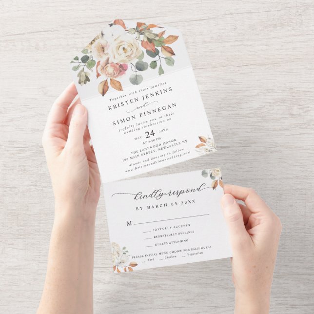Elegant Autumn Flowers Script Modern Wedding All In One Invitation (Tearaway)