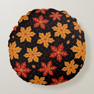Elegant Autumn Foliage Leaves Pattern on Black Round Pillow