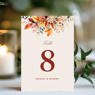 Elegant Autumn Foliage Soft Watercolor Wedding Table Number