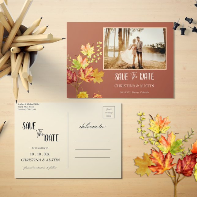 Elegant Autumn Leaves Burnt Orange Save the Date Postcard (Creator Uploaded)