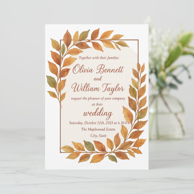 Elegant Autumn Leaves & Copper Rustic Fall Invitation (Standing Front)