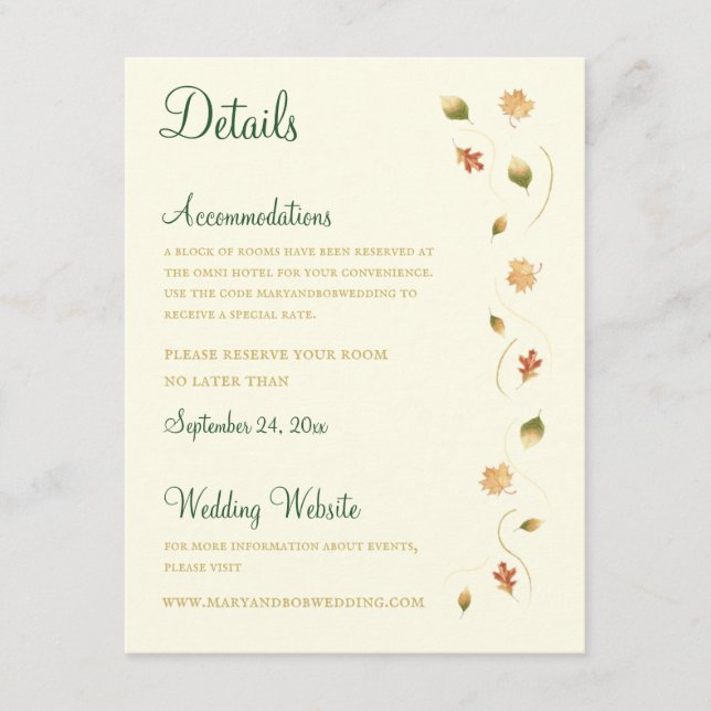 Elegant Autumn Leaves Details Enclosure Card (Front)