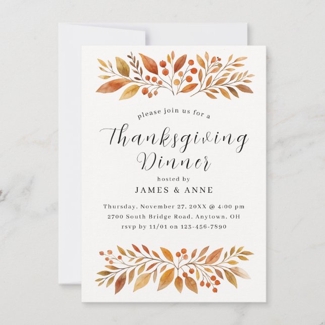 Elegant Autumn Leaves Thanksgiving Dinner Invitation (Front)