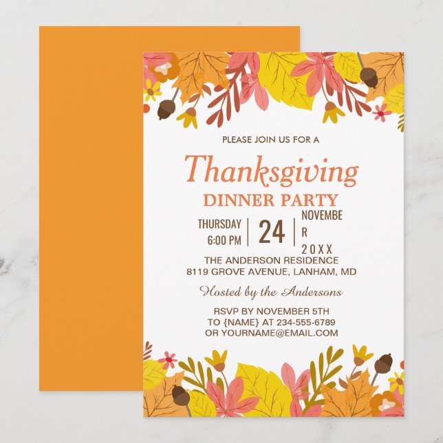 Elegant Autumn Leaves Thanksgiving Dinner Party Invitation (Front/Back)
