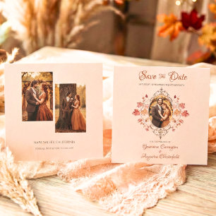 Elegant Autumn Leaves Vintage 3 Photo Wedding Save The Date
