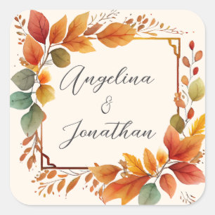 Elegant Autumn Leaves Watercolor Cream Wedding Square Sticker