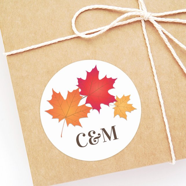Elegant Autumn Leaves Wedding Monogram Classic Round Sticker (Creator Uploaded)