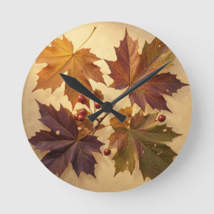 Elegant Autumn Maple Leaves Red Berries Golden Round Clock