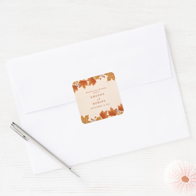 Elegant Autumn Maple Leaves Wedding Square Sticker (Envelope)