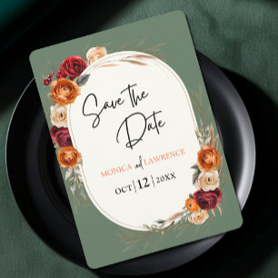 Elegant autumn orange sage floral wedding save the date