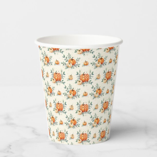  Elegant Autumn Pumpkin and Eucalyptus Watercolor Paper Cups (Back)