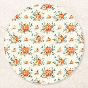 Elegant Autumn Pumpkin and Eucalyptus Watercolor Round Paper Coaster