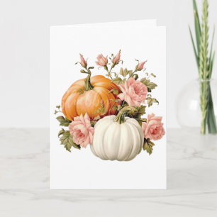 Elegant Autumn Pumpkin & Pink Floral Fall Greeting Card