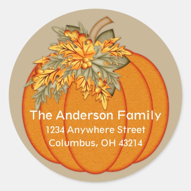 Elegant Autumn Pumpkin Return Address Classic Round Sticker (Front)