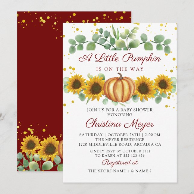 Elegant Autumn Pumpkin Sunflowers Fall Baby Shower Invitation (Front/Back)