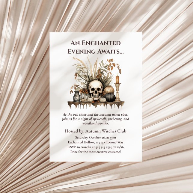 Elegant Autumn Skull and Candles Witch Party  Invitation (Elegant Autumn Skull and Candles Witch Party Invitation on a boho neutral dry palm leaf)