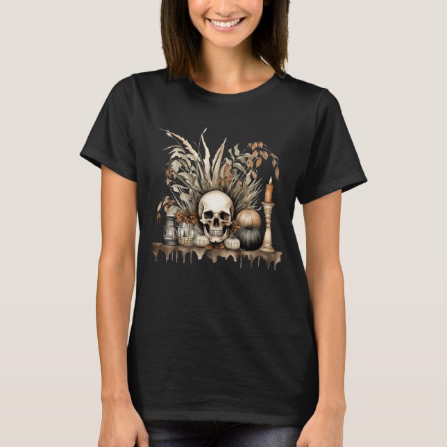 Elegant Autumn Skull – Witchy Fall Aesthetic T-Shirt (Front)