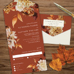 Elegant Autumn Watercolor Flora Terracotta Wedding All In One Invitation<br><div class="desc">This elegant all-in-one wedding invitation design features beautiful autumn floral watercolor illustrations on a terracotta background with classic typography. The inside of the card features the invitation and an rsvp card that can be detached and mailed. On the back of the card is the mailing address and return address. No...</div>