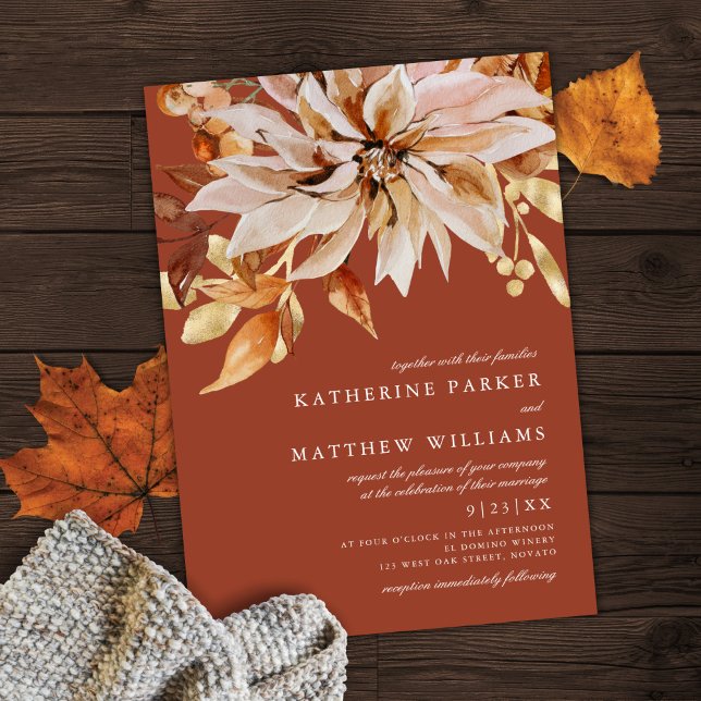 Elegant Autumn Watercolor Flora Terracotta Wedding Invitation (Creator Uploaded)