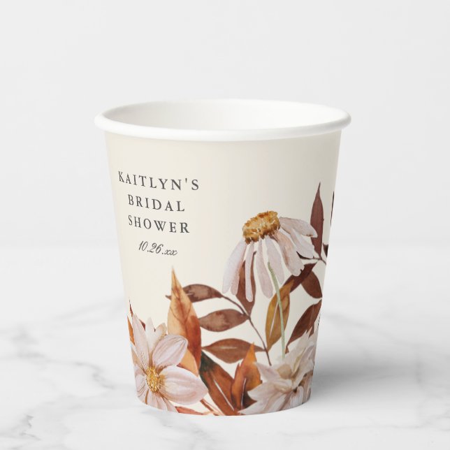 Elegant Autumn Watercolor Floral Bridal Shower Paper Cups (Front)