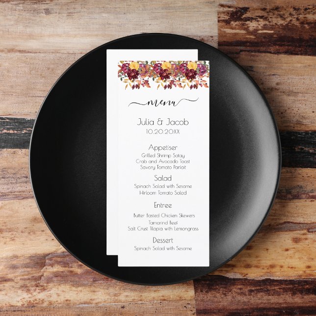 Elegant Autumn Watercolor Floral Wedding Menu (Elegant Autumn Watercolor Floral Wedding Party Supplies)