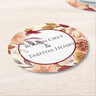 Elegant Autumn Watercolor Floral Wedding  Round Paper Coaster