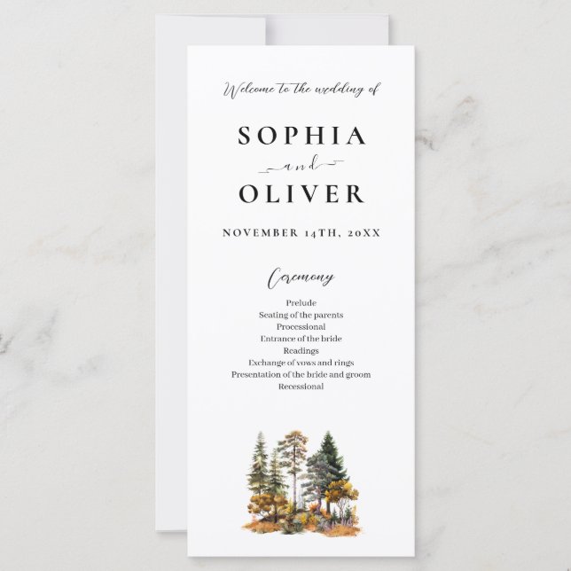 Elegant  Autumn Watercolor Forest Wedding Program  (Front)