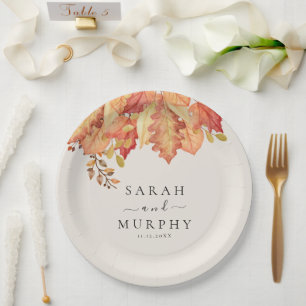 Elegant Autumn Watercolor Leaves Fall Wedding Paper Plate