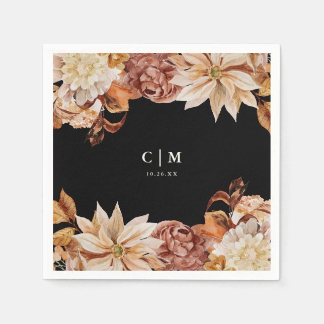 Elegant Autumn Watercolor Monogram Wedding Napkin (Front)