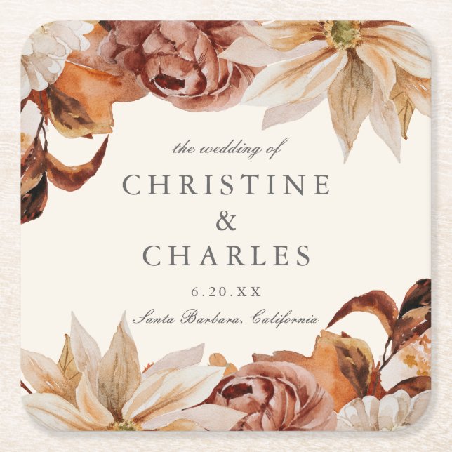 Elegant Autumn Watercolor Wedding Square Paper Coaster (Front)