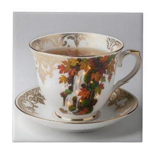 Elegant Autumn Waterfall Teacup Gold Trim Tile