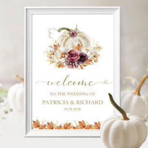 Elegant Autumn White Pumpkin Wedding Welcome Sign