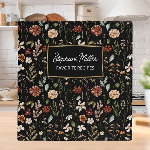 Elegant Autumn Wildflower Pattern Black Recipe Binder