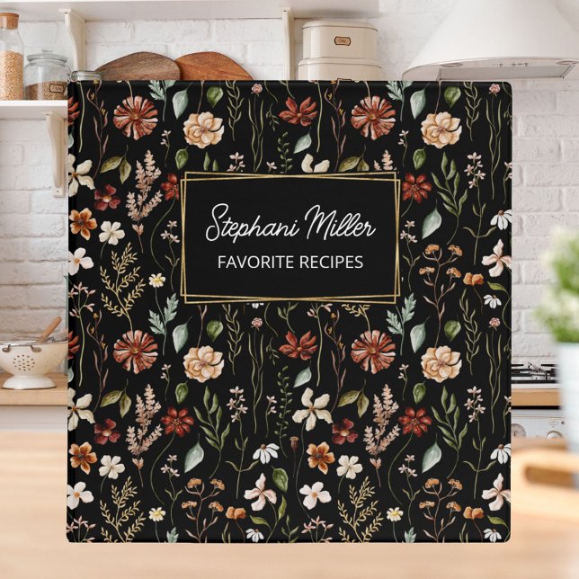 Elegant Autumn Wildflower Pattern Black Recipe Binder (In situ)