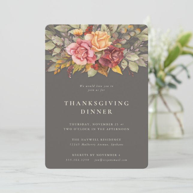 Elegant Autumnal Floral Border Thanksgiving Dinner Invitation (Standing Front)
